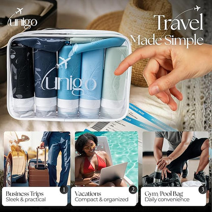 unigo Travel Bottles For Toiletries, 5-pack 3.oz TSA Aprroved Travel Size Bottles, Containers For Toiletries, BPA Free, Leak Prrof, Refillable Containers Bottles (Blue)