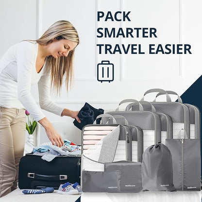 Compression Packing Cubes 10 Set, Compressible Space-Saving Packing Cubes for Travel - Compression Bags, Luggage Organizer, Travel Essentials for Women, Grey
