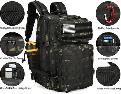 45L Tactical Assault Backpack 3 day assault pack with Molle Waterproof backpack Rucksack for Tactical Backpacks (Black Tie Dye)