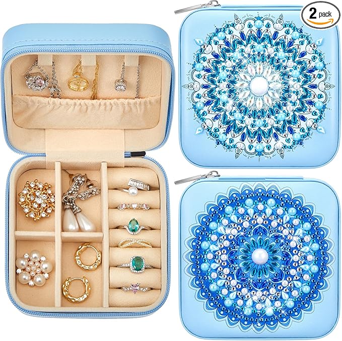2 Pcs Portable Diamond Painting Jewelry Storage Box Mandala Diamond Art Accessories Blue PU Leather Jewelry Ring Organizer Case Travel Jewelry Organizer