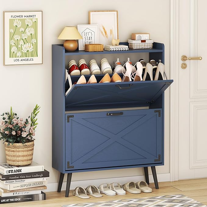 Shoe Storage Cabinet with 2 Flip Drawers, Farmhouse Freestanding Shoe Rack Organizer for Entryway, Narrow Hidden Slim Shoe Cabinet for Foyer,Hallway,Blue