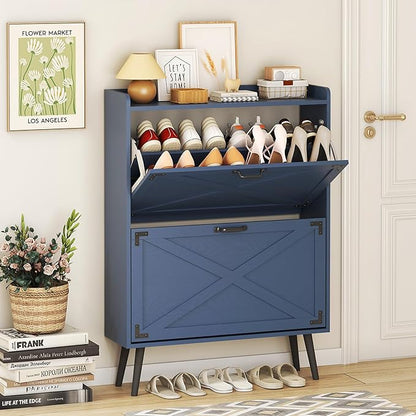 Shoe Storage Cabinet with 2 Flip Drawers, Farmhouse Freestanding Shoe Rack Organizer for Entryway, Narrow Hidden Slim Shoe Cabinet for Foyer,Hallway,Blue