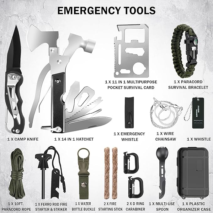 Gifts for Men Christmas Survival Kit, Survival Gear and Equipment 258 PCS with Water Filter, Emergency Tent, LED Lantern, First Aid Kit Supplies, 25L Backpack for Family, Outdoor Camping, Hiking