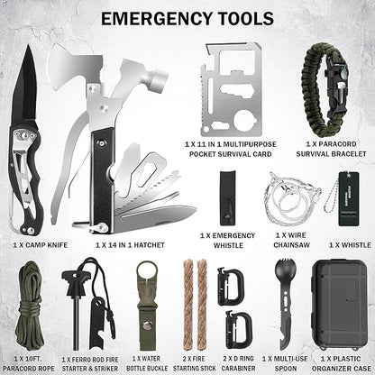 Gifts for Men Christmas Survival Kit, Survival Gear and Equipment 258 PCS with Water Filter, Emergency Tent, LED Lantern, First Aid Kit Supplies, 25L Backpack for Family, Outdoor Camping, Hiking