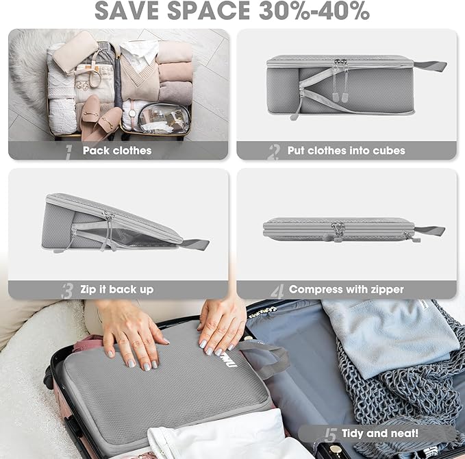 8 Set Compression Packing Cubes for Travel, Expandable Compression Cubes for Suitcases, Lightweight Suitcase Organizer with Shoes & Laundry Bags, Travel Accessories for Men Women