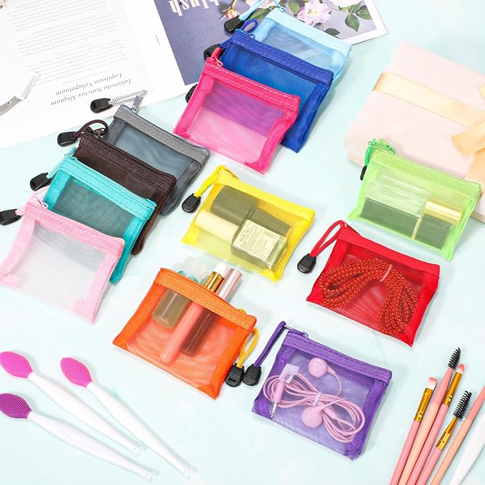 Jexine 24 Pcs Mini Zipper Mesh Bags Lipstick Cosmetic Accessories Organizer Nylon Makeup Zipper Pouch Small Cosmetic Bag for Purse Beauty Mesh Travel Pouch for Women(4 x 3 Inch,Bright Color)