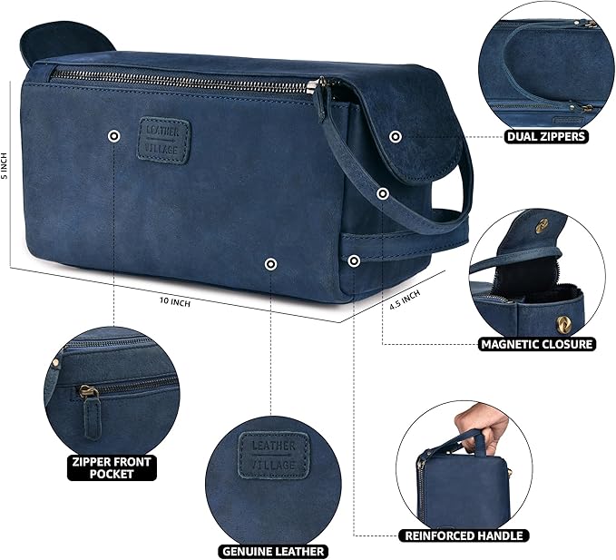 LEATHER VILLAGE Premium Leather Travel Toiletry Bag - Water-Resistant Dopp Kit for Toiletries, Large Shaving Bag & Bathroom Organizer - Gift for Men & Women - Royal Blue