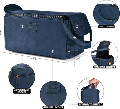 LEATHER VILLAGE Premium Leather Travel Toiletry Bag - Water-Resistant Dopp Kit for Toiletries, Large Shaving Bag & Bathroom Organizer - Gift for Men & Women - Royal Blue