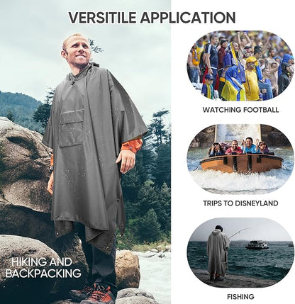 PTEROMY Hooded Rain Poncho for Adult with Pocket, Waterproof Lightweight Unisex Raincoat for Hiking Camping Emergency