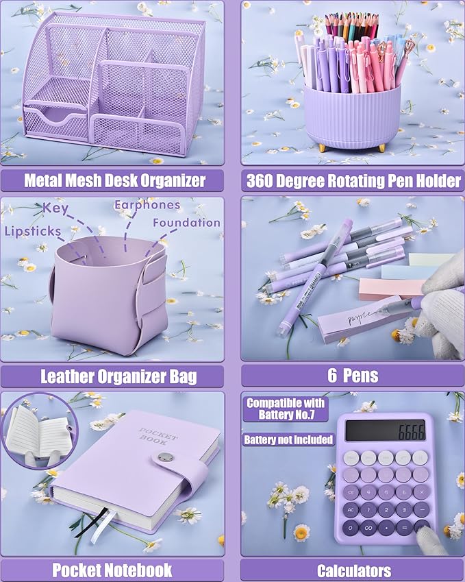 Purple Desk Organizers and Accessories With Mesh Desk Organizer and 360°Rotating Pen Holder and a Lot of Office Purple Office Supplies Beautifully Presented in a Gift Box Christmas Gifts