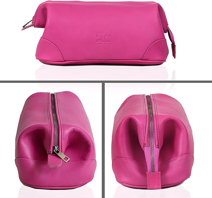 HLC Leather Toiletry Bag for Men Best Gift Premium Genuine Dopp Kit Shaving Kit Organizer Travel Kit Pouch Bag 10 inch Size (Pink)