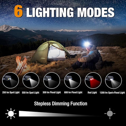 WORKPRO 1200LM Rechargeable Headlamp, Super Bright Head Lamp with White Red Light, Motion Sensor, Memory Function, Shockproof & IPX6 Waterproof Headlight with Dimmable for Camping, Hunting, Repair