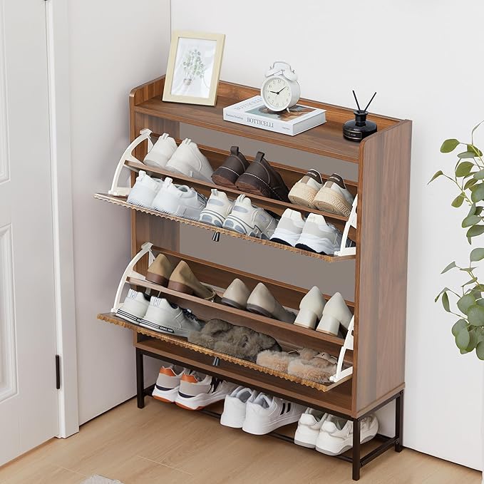 RARZOE Fluted Shoe Cabinet for Entryway with 2 Flip Drawers, Narrow Wood Shoe Cabinet with Fluted Panel, Slim Hidden Shoe Organizer Closed Shoe Rack with Metal Legs for Foyer,Hallway(31.5''Walnut)