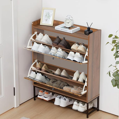 RARZOE Fluted Shoe Cabinet for Entryway with 2 Flip Drawers, Narrow Wood Shoe Cabinet with Fluted Panel, Slim Hidden Shoe Organizer Closed Shoe Rack with Metal Legs for Foyer,Hallway(31.5''Walnut)