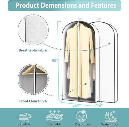 50” Garment Bags for Hanging Clothes 4” Gusseted - with Clear Window, Breathable Fabric, Metal Zipper, Suit Coat Long Dress Protector for Clothes Closet storage, Season Off, Moving, 5 Pack