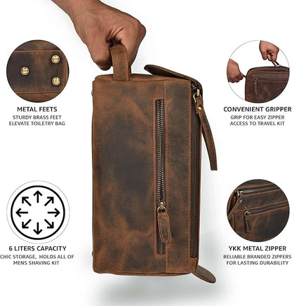 LEATHER VILLAGE Premium Leather Travel Toiletry Bag - Water-Resistant Dopp Kit for Toiletries, Large Shaving Bag & Bathroom Organizer - Gift for Men & Women - Rustic Brown