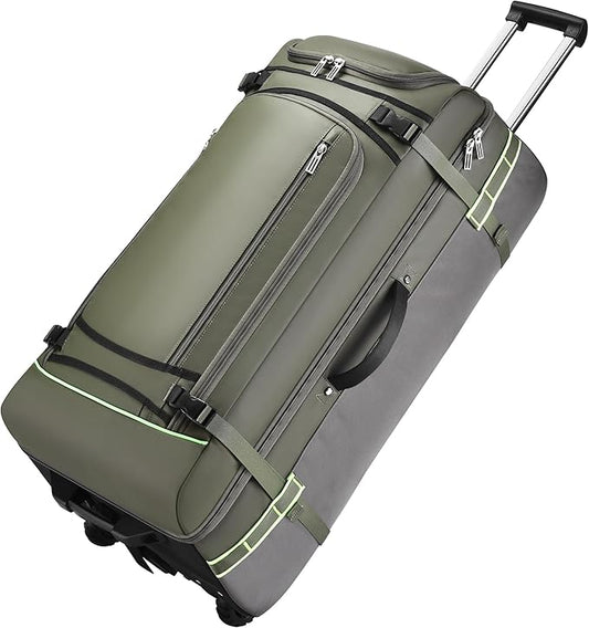 100L Extra Large Rolling Duffel Bag with Wheels and Handle – Heavy-Duty 1600D PVC Checked Luggage for Business Travel, Men’s Week-Long Trips & Student Relocation, Foldable Base Design (Army Green V2)