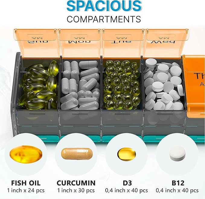 Extra Large Pill Organizer - XXL Vitamin Holder for Weekly Supplements - Double Sided Pill Box 7 Day with Big AM PM Compartments Huge Daily Medicine Dispenser 2 Times a Day Reliable and Easy-to-Use