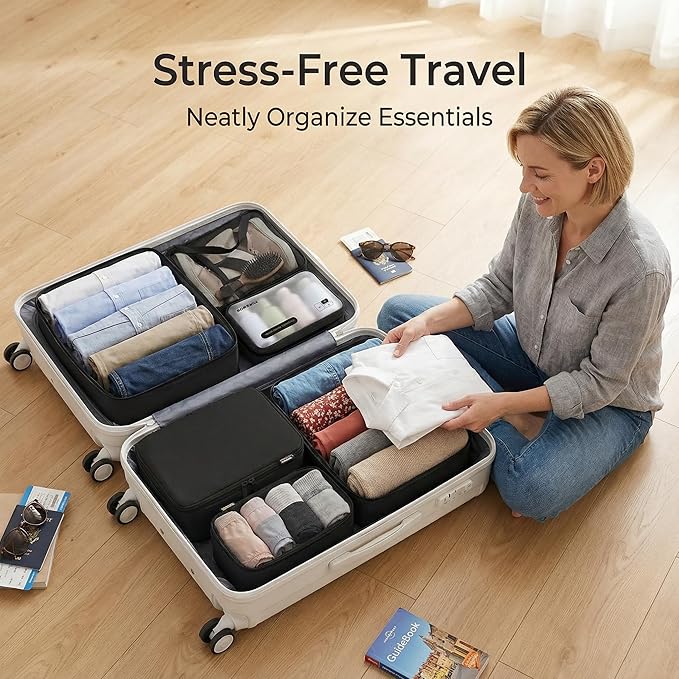 Compression Packing Cubes for Travel, 6-Piece Set (L/M/S), Double-Zip Luggage Organizers with Mesh Panels, Space-Saving Clothes Storage Bags for Suitcase & Carry-On (6 Pack, Jet Black)