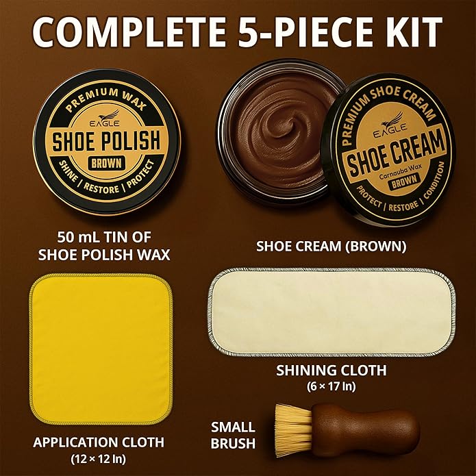 Eagle Shoe Shine Kit – 5-Piece Leather Shoe Polish & Cream Set with Brush & Cloths