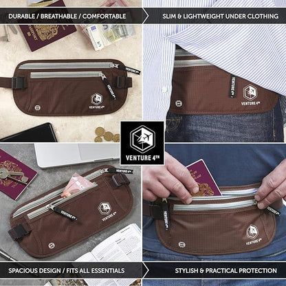 VENTURE 4TH Money Belt for Travel – Hidden Under-Clothes RFID Blocking Passport Holder & Slim Travel Wallet Pouch for Men & Women to Protect Cash, Cards & Documents (Brown)