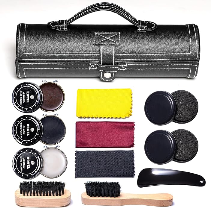 YUET 12PC Shoe Shine Kit Leather Boot Polish Kit w/Brushes and Brown, Black, Neutral Polish for Shoe Care and Cleaning