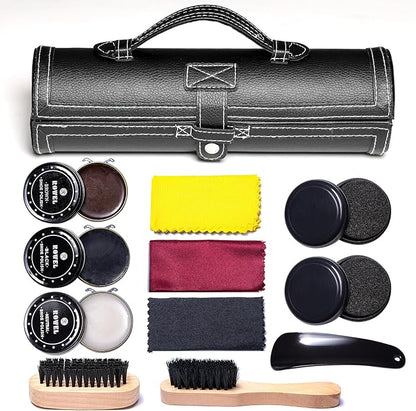 YUET 12PC Shoe Shine Kit Leather Boot Polish Kit w/Brushes and Brown, Black, Neutral Polish for Shoe Care and Cleaning