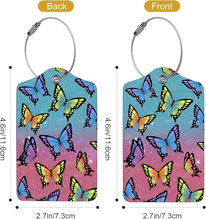 2Pack Luggage Tags for Suitcases, Cute Unique Pu Leather Cruise Luggage Tag with Privacy Cover ID Label Address Card and Metal Ring Suitable for Women Men Kids Travel Bag Colorful Butterflies