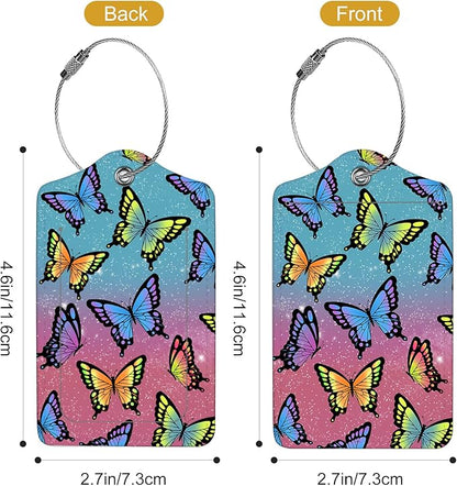 2Pack Luggage Tags for Suitcases, Cute Unique Pu Leather Cruise Luggage Tag with Privacy Cover ID Label Address Card and Metal Ring Suitable for Women Men Kids Travel Bag Colorful Butterflies