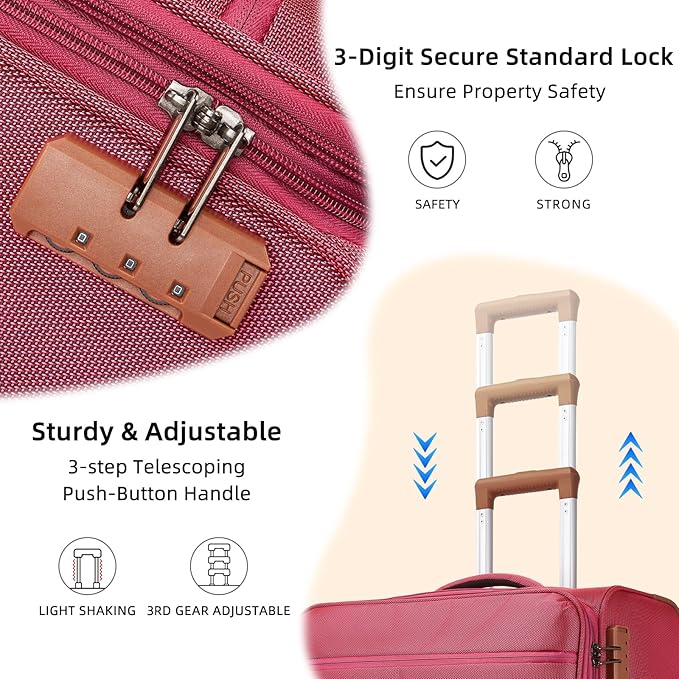 LARVENDER Luggage Sets 4 Piece, Softside Carry On Luggage Suitcase Set with 360° Spinner Wheels for Women Men(32/28/24/20) Rose Red