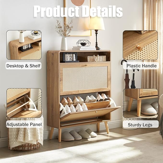 Rattan Shoe Cabinet with 2 Flip Drawers, 32 Pairs Narrow Shoe Storage Cabinet for Entryway Freestanding Hidden Shoe Rack, Modern Slim Wood Shoe Organizer for Hallway, Natural