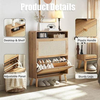 Rattan Shoe Cabinet with 2 Flip Drawers, 32 Pairs Narrow Shoe Storage Cabinet for Entryway Freestanding Hidden Shoe Rack, Modern Slim Wood Shoe Organizer for Hallway, Natural