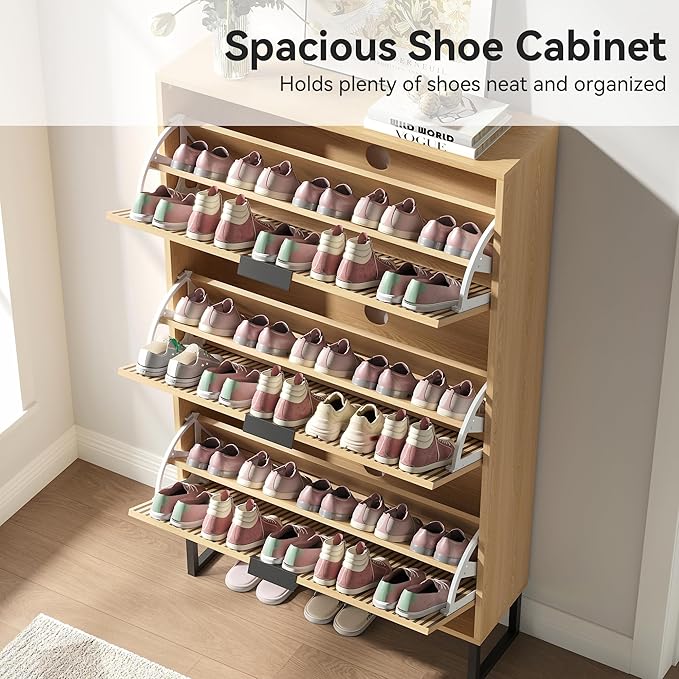 Shoe Cabinet with 3 Flip Drawers Set of 2, Narrow Wood Shoe Cabinet Storage for Entryway, Freestanding Hidden Shoe Organizer Rack Cabinet for Hallway