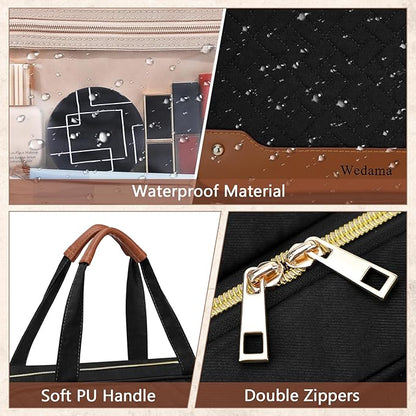 Wedama Toiletry Bag for Women, Hanging Travel Toiletry Bag with Jewelry Organizer Compartment Medium Makeup Bag, PVC Waterproof Cosmetic Travel Bag Trips Camping Bathroom, Black+Brown