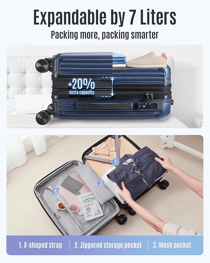 LIGHT FLIGHT Carry On Luggage 22x14x9 Airline Approved, Durable Hard Shell Carry On Suitcases with Wheels, Expandable Hardside Lightweight Travel Luggage with TSA Lock 20 Inch Carry on, Dark Blue