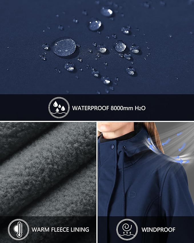 Outdoor Ventures Women's Lightweight Waterproof Fleece Lined Hooded Softshell Rain Jacket, Warm Windbreaker Long Coat
