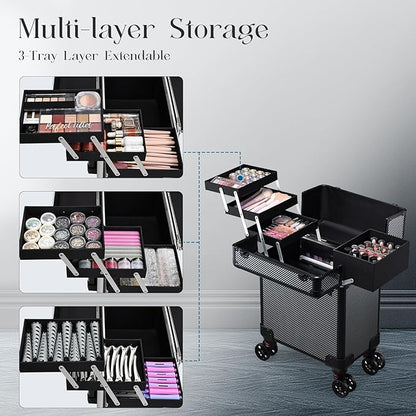 Rolling Makeup Case, Cosmetology Case on Wheels Makeup Train Case Professional Vanity Case with Trays for Women Large Travel Makeup Box Organizer Makeup Trolley on Wheels with Key,Ashy Grey