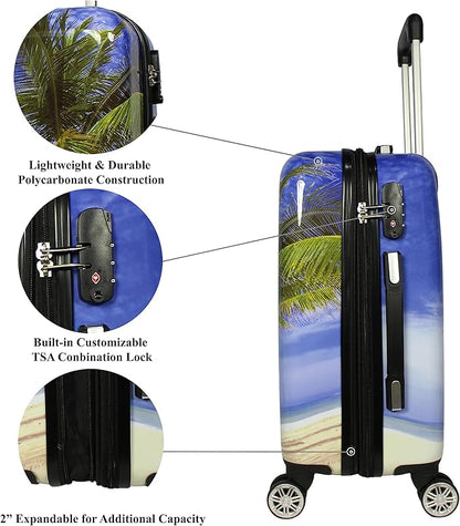World Traveler VentureX Airline Approved 2-Piece Carry-On Luggage Set – Lightweight Hardside Polycarbonate Suitcase with Spinner Wheels - Palm Tree