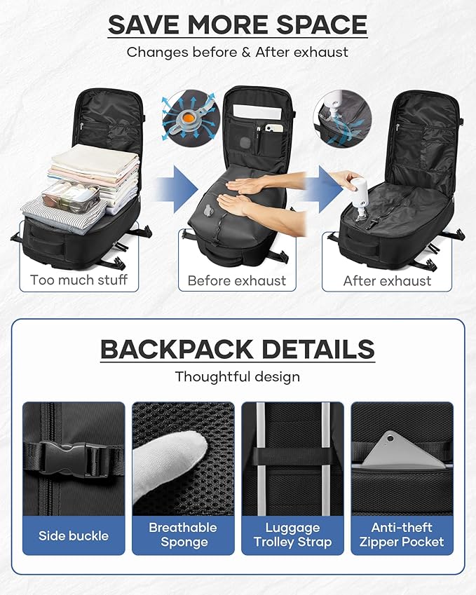 Vacuum Backpack Travel With Pump,Mochila De Viaje Compresion Al Vacio,Large Carry On Vacpack Backpacks For Women Men,Personal Item Travel Backpack With Vacuum System,Black
