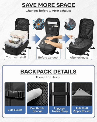 Vacuum Backpack Travel With Pump,Mochila De Viaje Compresion Al Vacio,Large Carry On Vacpack Backpacks For Women Men,Personal Item Travel Backpack With Vacuum System,Black