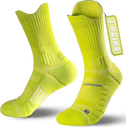 Compression Running Socks 3 Pairs, Cushion Crew Socks, Anti-Blister Moisture Wicking Athletic Hiking Basketball Socks