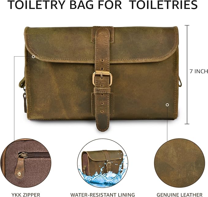 LEATHER VILLAGE Hanging Leather Toiletry Bag for Men – Handcrafted Vintage Premium Travel Dopp Kit with Waterproof Lining, Shaving Organizer and Shower Bathroom Essentials Case - Mud