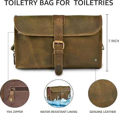 LEATHER VILLAGE Hanging Leather Toiletry Bag for Men – Handcrafted Vintage Premium Travel Dopp Kit with Waterproof Lining, Shaving Organizer and Shower Bathroom Essentials Case - Mud