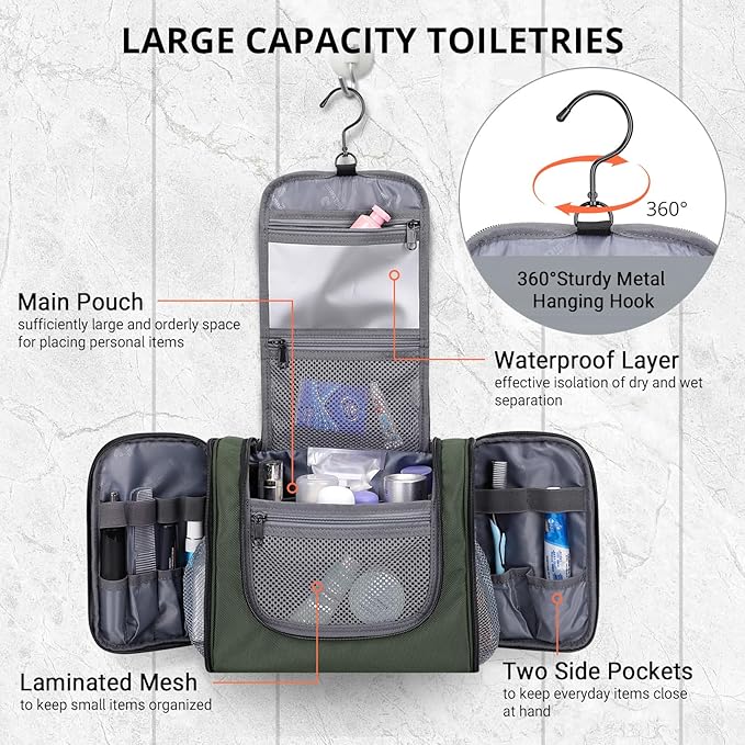 WITZMAN Toiletry Bag for Men Women Large Hanging Multi-organization Bathroom Bag Water-resistant Dopp Kit Shaving Bag Men(B690 Army Green)