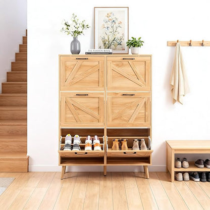 VINGLI 6 Flip Drawer Shoe Cabinet for Entryway, Rustic Shoe Storage Cabinet with 5 Solid Wood Legs, Farmhouse Barn Door Design Shoe Organizer for Hallway, Bedroom, or Living Room, Natural Wood Finish