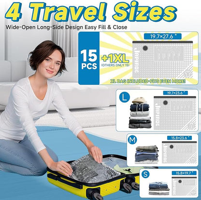 Travel Vacuum Storage Bags 16 Pack with USB Powered Electric Pump, Vacuum Seal Bags for Clothing Travel, Space Saver Bags for Luggage, Suitcase & Home Organization