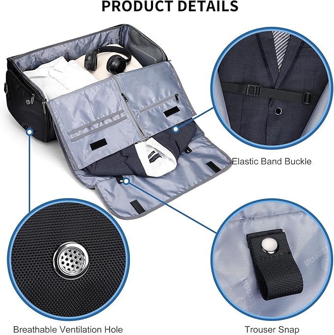 WITZMAN Garment Duffle Bags for Travel Mens Large Convertible Carry On Suit Garment Bag for Men Hanging Clothes with Shoe Compartment（B725 Black）