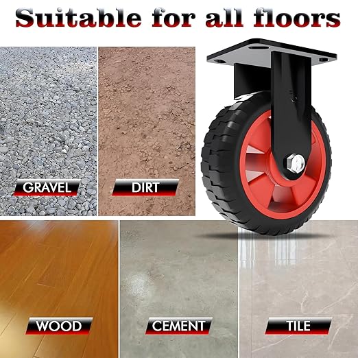 8 Inch Heavy Duty Industrial Casters, 500 LBS Capacity per Caster (Set of 2), Fixed Solid Rubber Wheels for Utility Cart, Dolly, Workbench & Outdoor (No Brake)