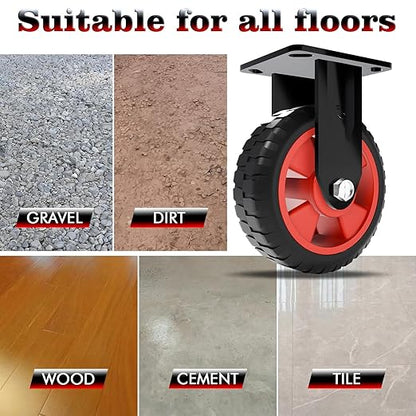 8 Inch Heavy Duty Industrial Casters, 500 LBS Capacity per Caster (Set of 2), Fixed Solid Rubber Wheels for Utility Cart, Dolly, Workbench & Outdoor (No Brake)
