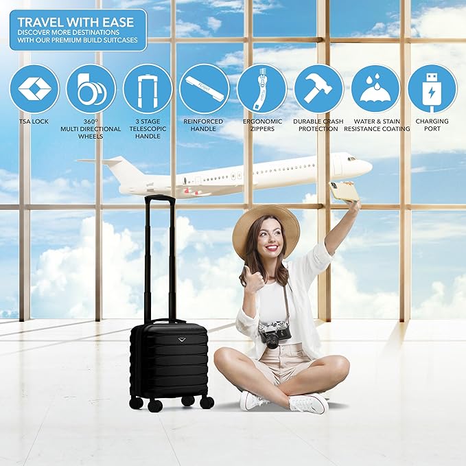 Flight Knight Carry On Suitcase 16.25x13.5x8 Hardside TSA Lock & USB Port Lightweight Luggage Silent Double Spinner Wheels Maximum Underseat Carry-On Bag For Virgin & South West Approved Airlines